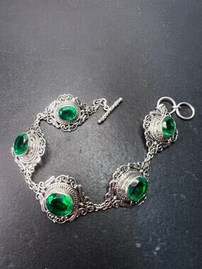 Vintage Sterling Silver Emerald Green Quartz Filigree Statement Bracelet